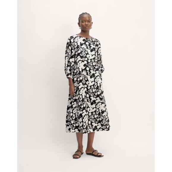 Flowy Floral Black and White Linen Dress - Picture 1 of 9